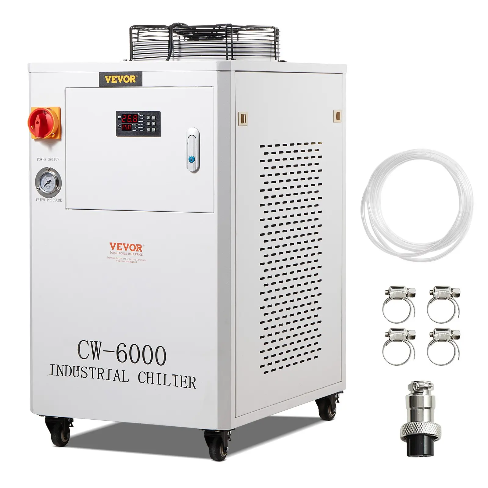 Industrial Water Chiller CW6000 - 1500W Compressor Cooling Unit with 15L Tank, 65 L/min High Flow, Metal Body for CO2 Laser Engraving Machine
