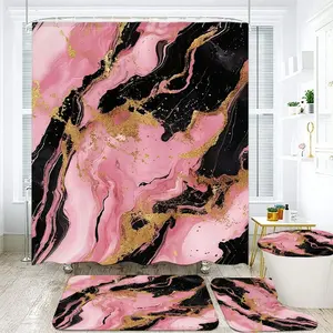 1/4pcs Elegant Rose Pink Marble Bathroom Set - Soft Swirl Design Shower Curtain, Stylish Bath Mats & Toilet Covers with Matte Black Accents & Glittering Gold Veining - Perfect for Modern Home Decor & Seasonal Refresh, Shower Curtain Sets