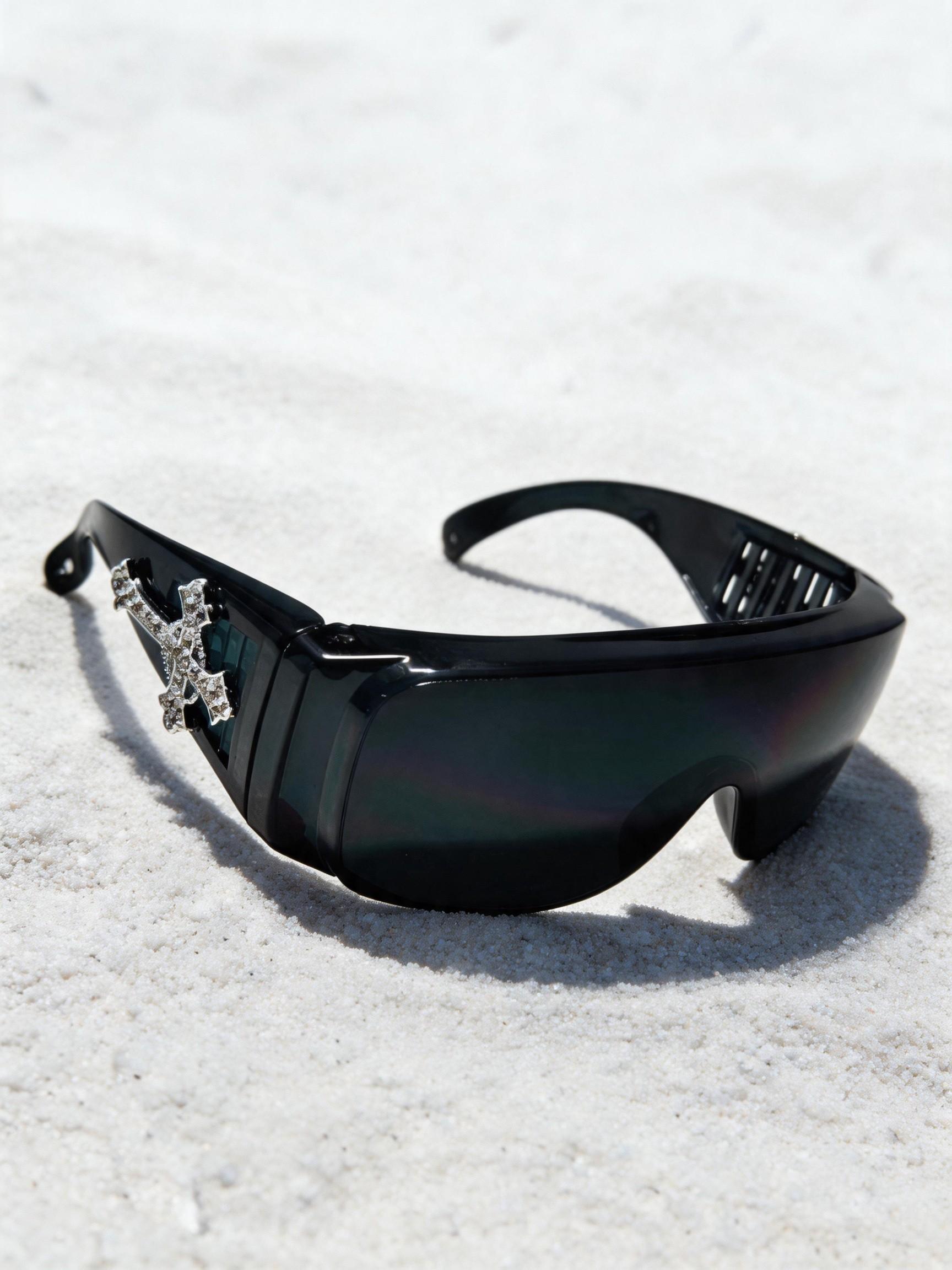 Men's Fashion Glasses with Rhinestone Cross Decoration, PC Lenses, UV Protection, Cat Eye Frame, Party Style, Includes Strap and Cloth, Trendy Sunglasses, Stylish Sunglasses, Fashionable Sunglasses