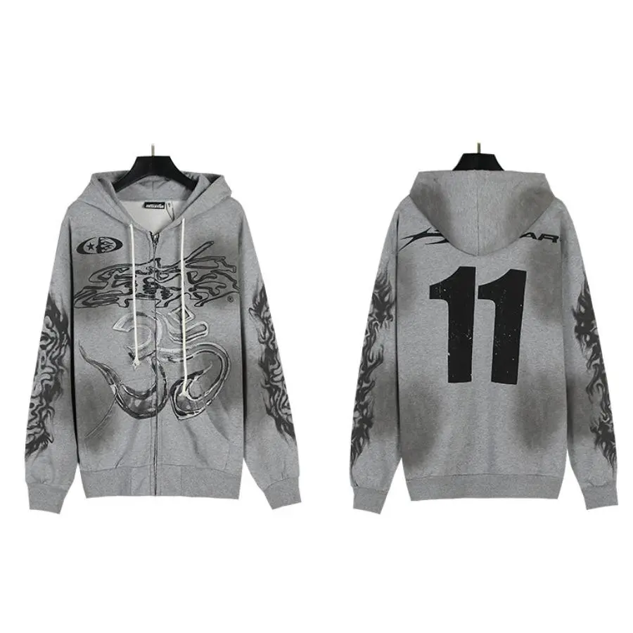 Men Hellstar Style Dragon Om Graphic Double Sided Zip Up Hoodie, Vintage Washed Flame Sleeve Oversized Hooded Sweatshirt, Retro Streetwear Fall Casual Jacket For Men