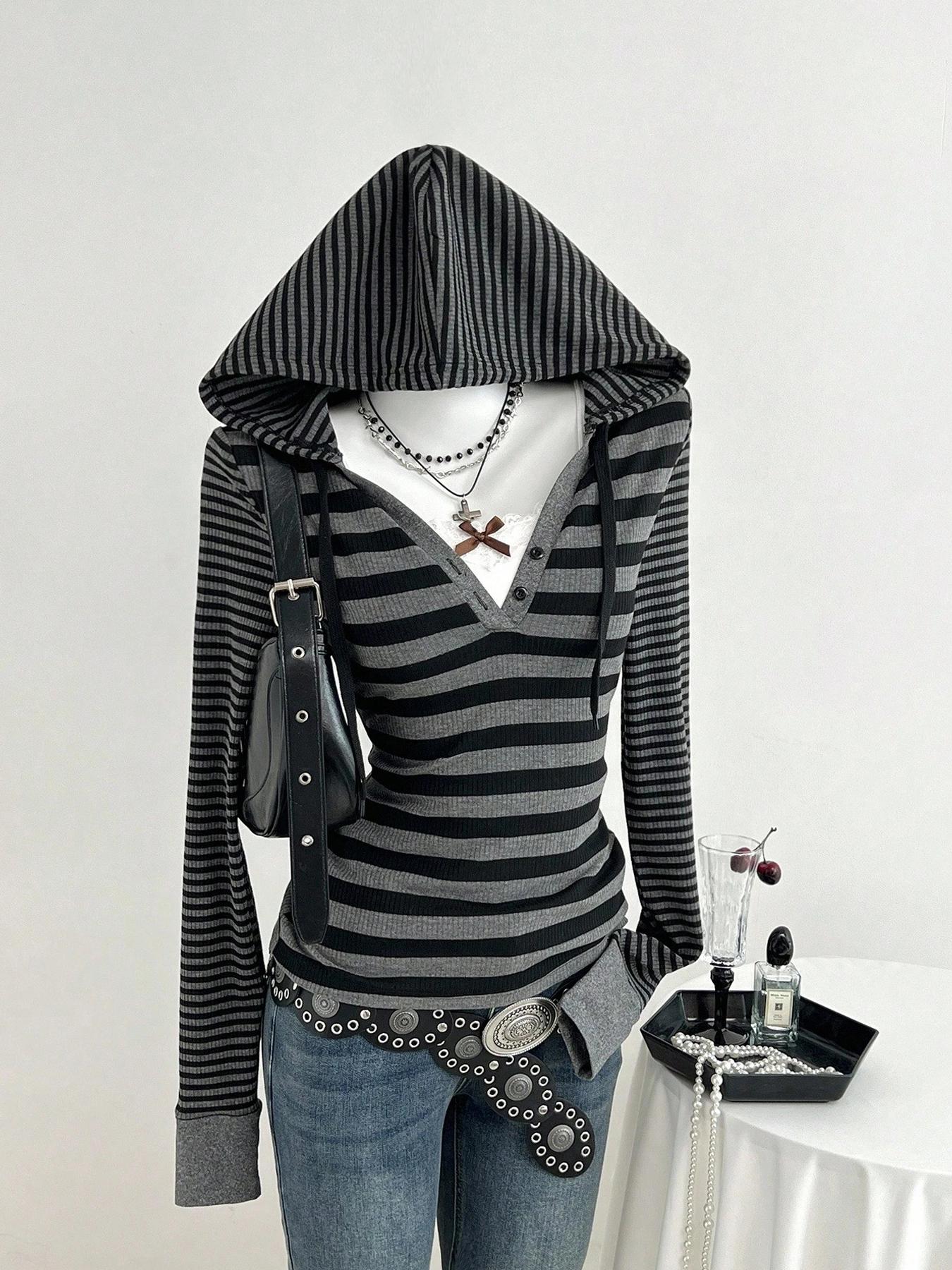 American Street Style Striped Hooded Top for Daily, Trendy Casual Slim Fit Wear