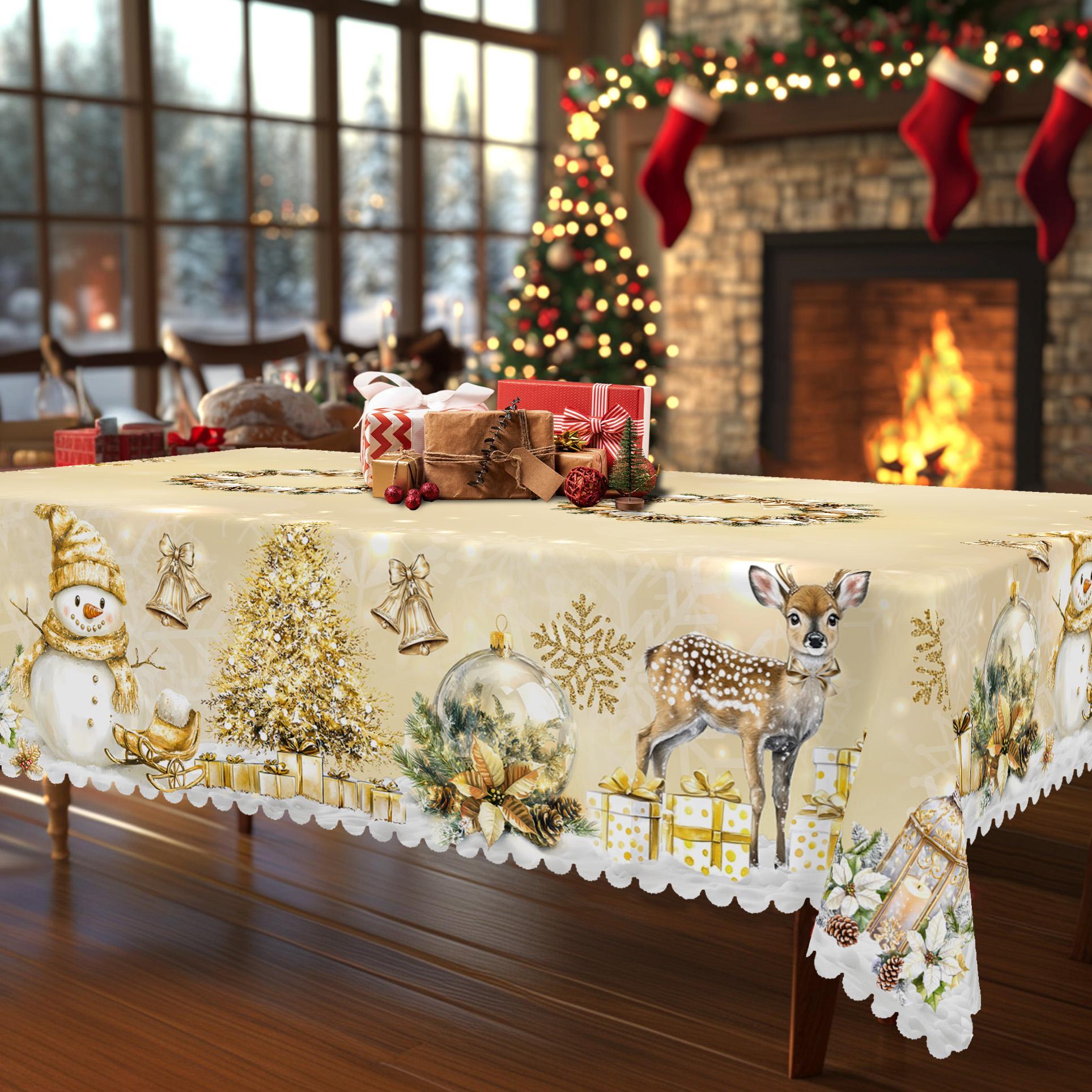 PLUMLIK Vintage Christmas Tablecloth with Santa Claus, Reindeer Patterns, Christmas Decor 2025, Christmas Party Decoration for Indoor&Outdoor, Golden Round Rectangular Table Cloth, Holiday Home kitchen Festive Decor, Christmas Gifts Dinnerware Celebration