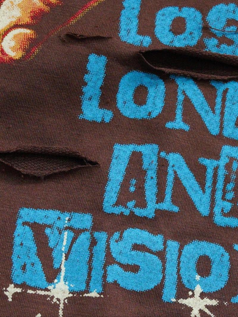 Men's Vintage Street Style Saint Print Long Sleeve Round Neck T-Shirt, Loose-Fitting Short Fit, Fall 2000s Fashion