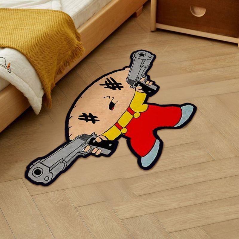 1pc Cartoon Characters Holding Gun Pattern Rug Print Rug Living Room Decoration Plush Carpet Creative Personality Bedroom Carpet Irregular Shape Cloakroom Carpet Lounge Reading Area Study Carpet Home Bathroom Entrance Anti-slip Floor Mat