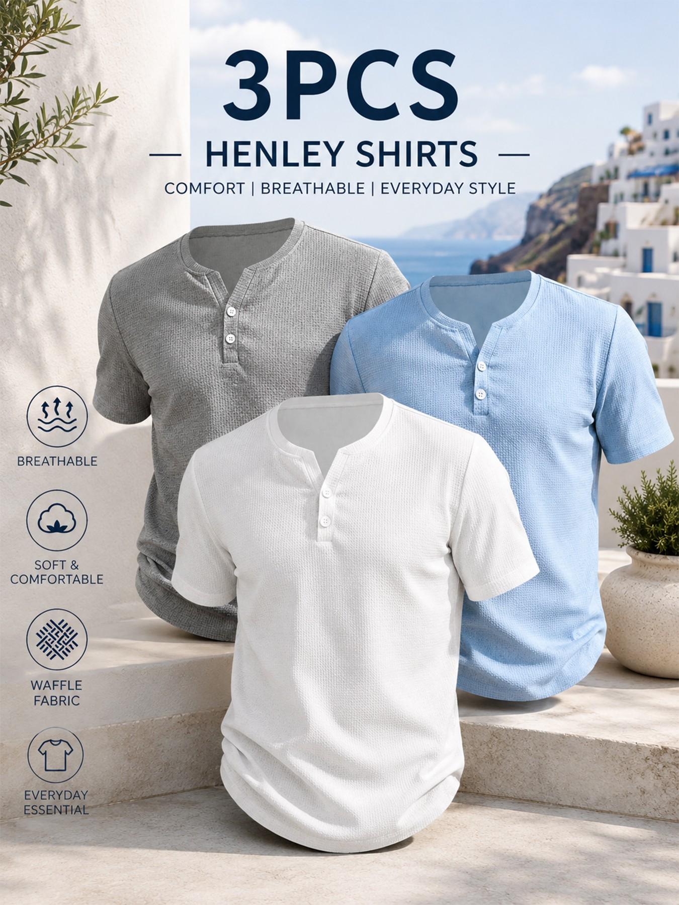 3pcs Men’s Waffle Knit Henley Shirt, Textured 2-Button Casual T-Shirt, Lightweight Breathable Summer Top, Slim-Fitting Long Sleeve, Menswear