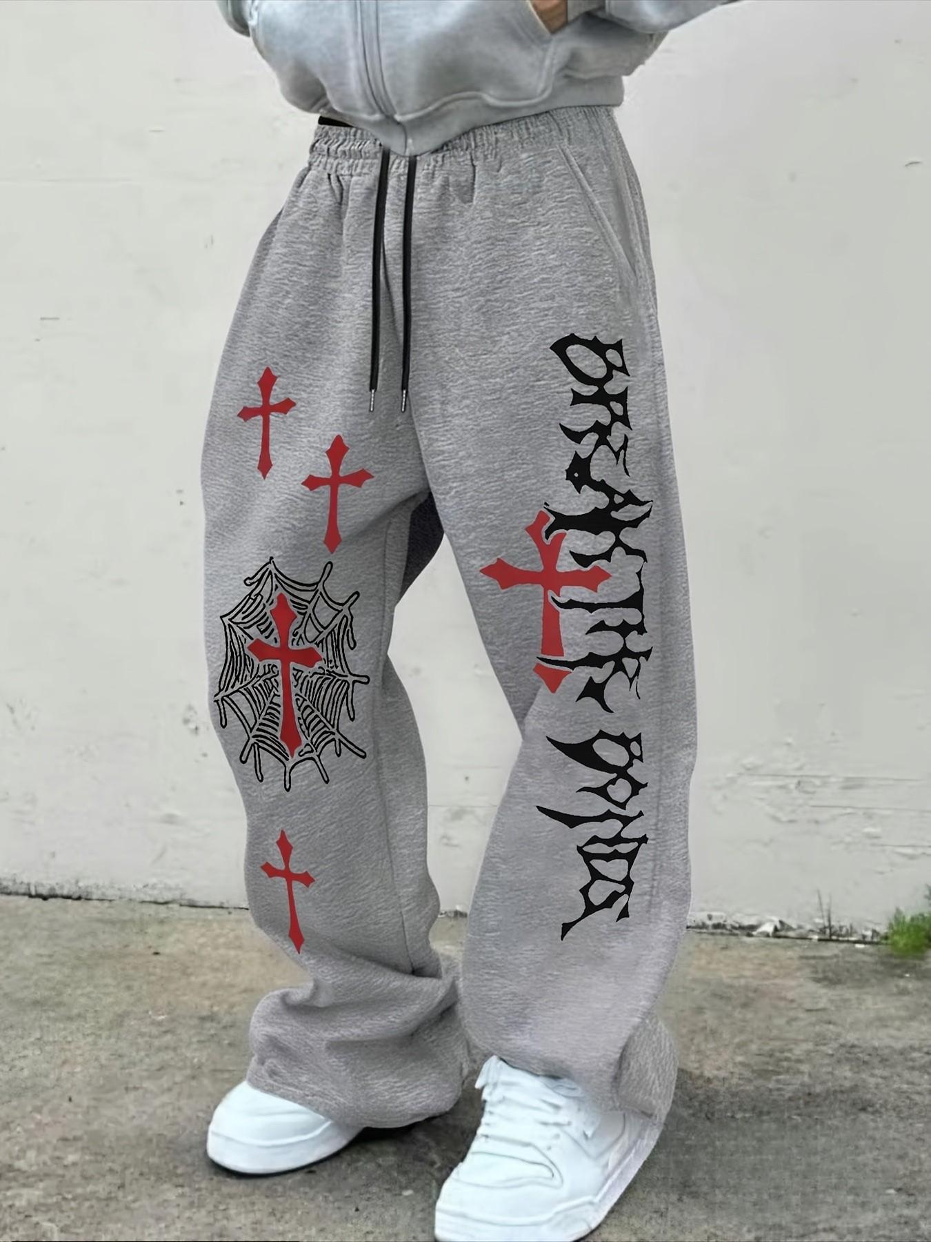 Men's Gothic Cross Print Wide Leg Graphic Sweatpants, American Street Spider Web Text Sports Pants, High Waist Long Trousers for All Seasons, High Waisted Sweatpants