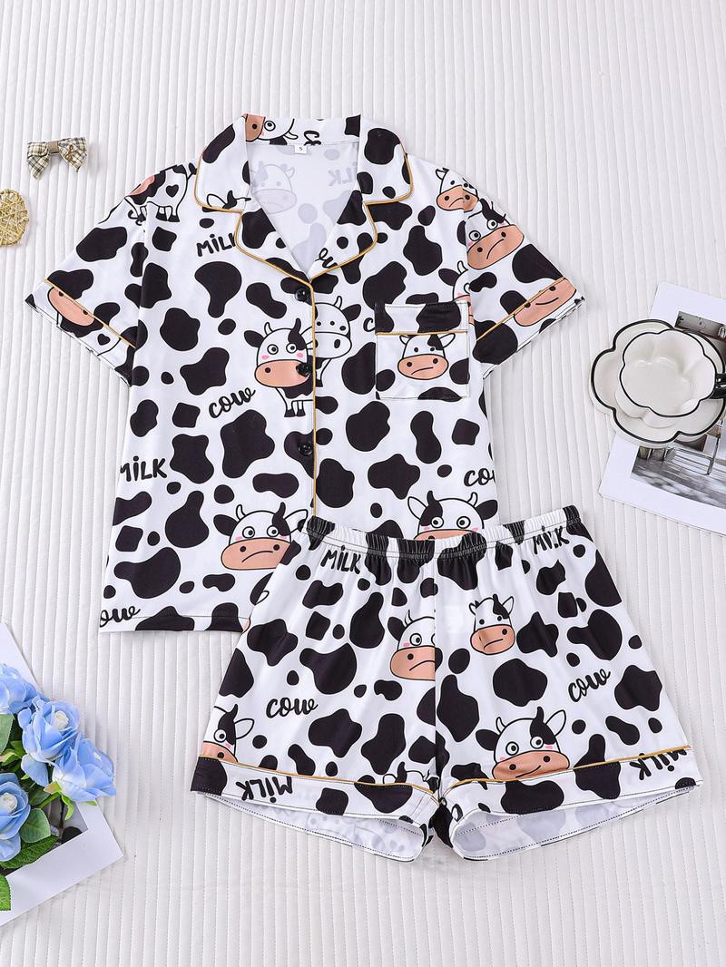 2-Piece Women's Set: White Base with Full Cow Print Cartoon Cow Design Short Sleeve Shorts Soft Comfortable Top with Small Pockets Notch Lapel Design Button Closure Elastic Waistband Suitable for All Seasons Home Daily Casual Pajama Set