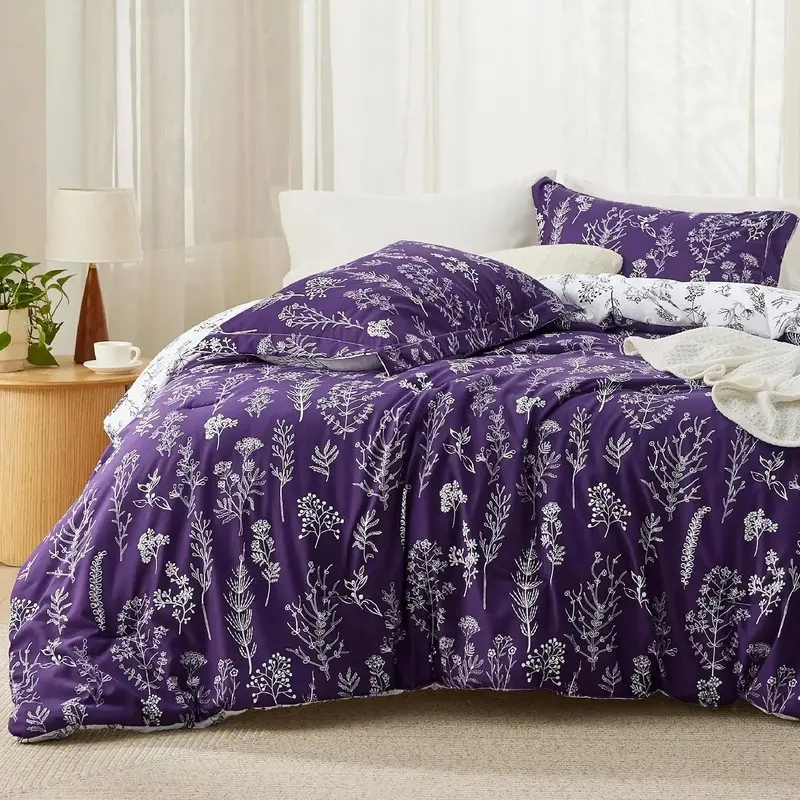Queen Size Polyester Comforter Set, Dark Purple Floral Print Modern Bedding with Botanical Motif, Soft Cozy Bedroom Decor; Set Includes Pillow Shams