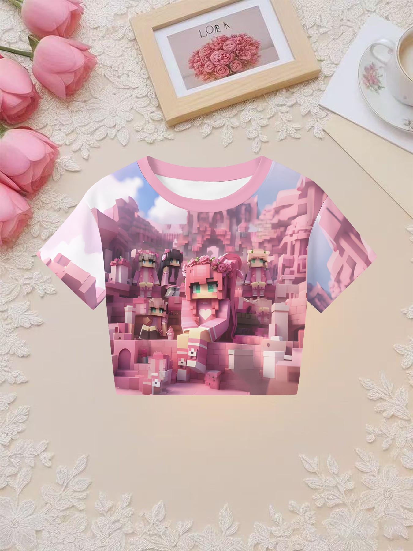 Girls' 3D Short Sleeve Set, Pixel Block Minecraft Cartoon Print Two-Piece, Perfect for Parties, Festive Gifts, Birthday Presents