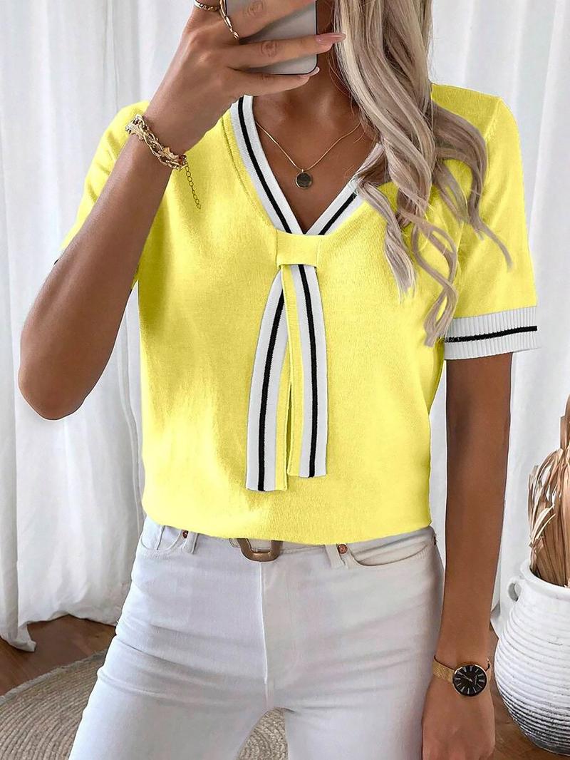 Women's Colorblock Striped Shortsleeve Vneck Knit Top, Casual Elegant Classy Fashion Chic Fitted Short Sleeve Top for Summer, Ladies Clothes for Daily Wear, Womenswear, Knitwear, Breathable Top, Casual Breathable Elegance