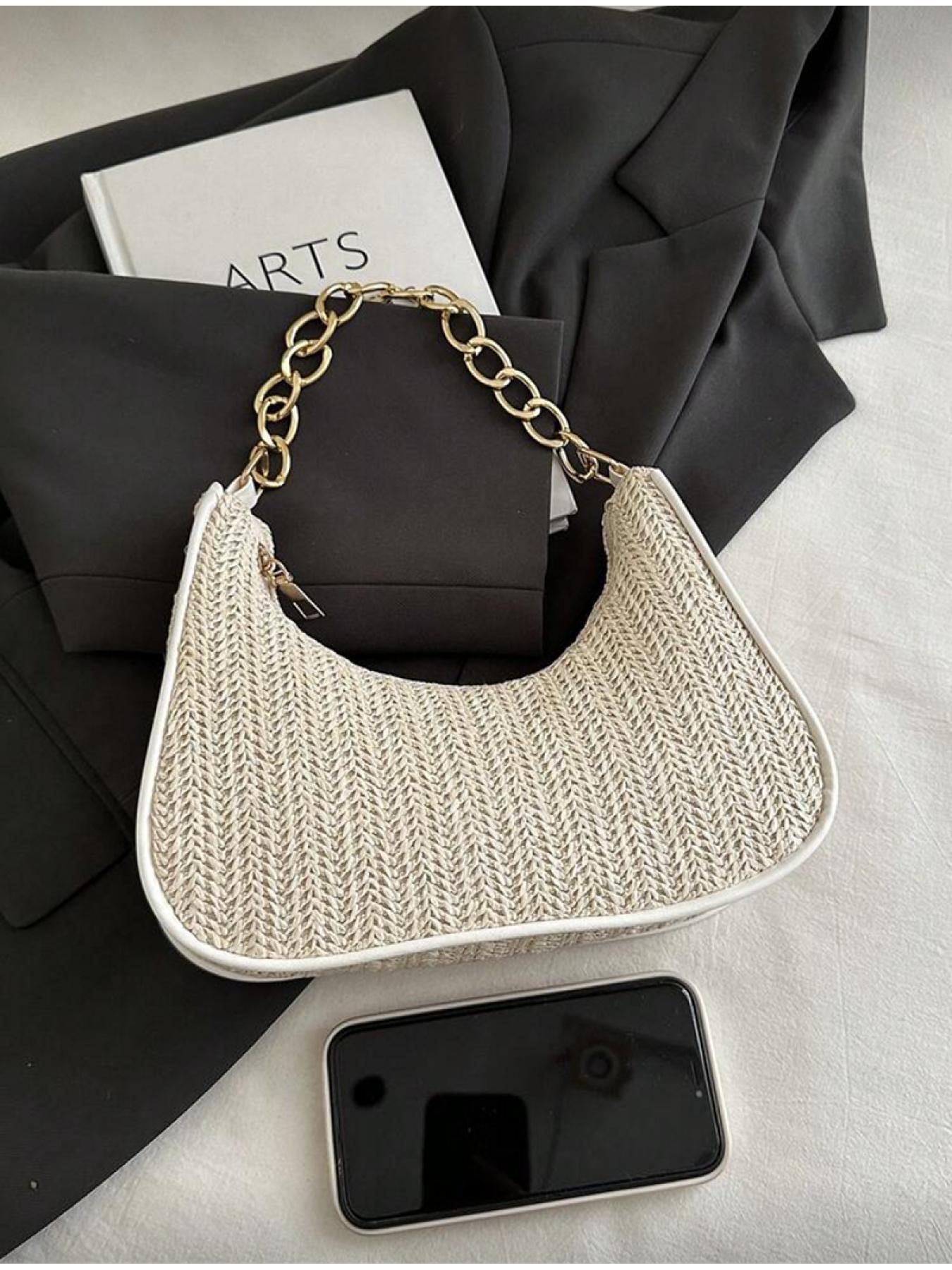Summer Women Straw Handbag Crescent Shape Metal Chain Tote Beach Bag Casual Multi functional Crossbody Shoulder Bag