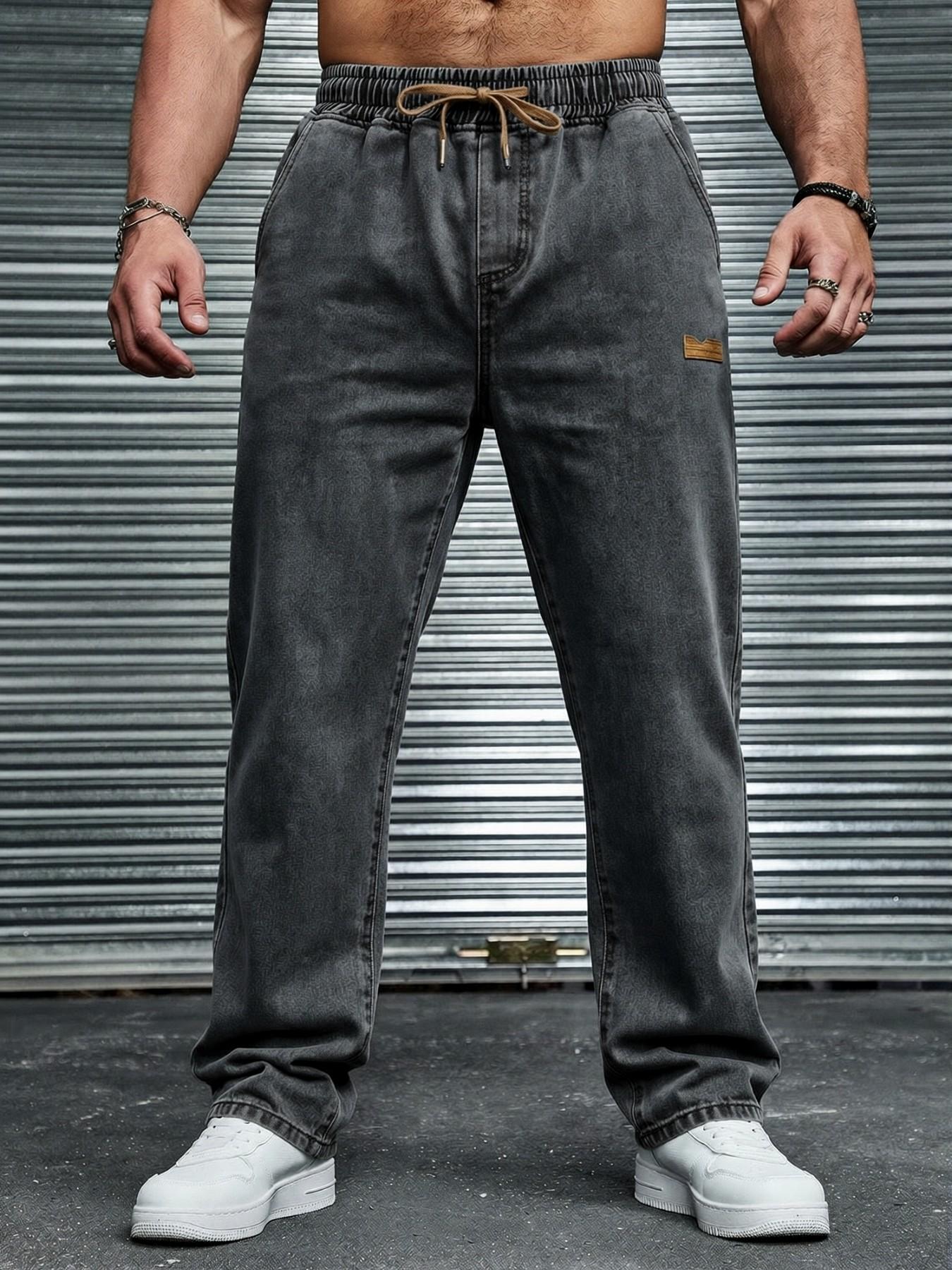 Men's drawstring elastic waist straight-leg fitted jeans, non-stretchy denim long pants, comfortable straight-leg fit, suitable for daily casual wear, a must-have trendy men's long pants 🔥