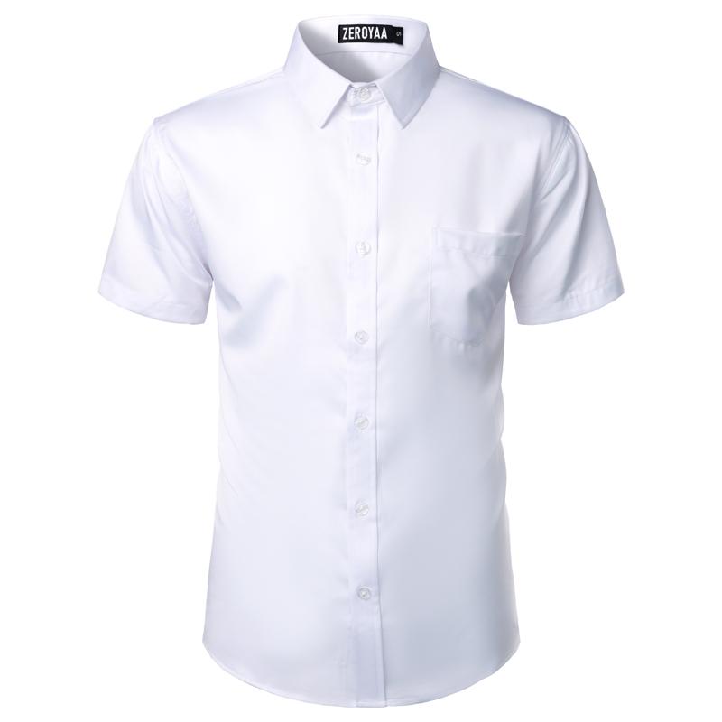 ZEROYAA Men's Urban Casual Stylish Slim Fit Short Sleeve Button Up Dress Shirt with Pocket Top Fabric summer outfits men Menswear Beige summer outfits men button shirt Plain Purple