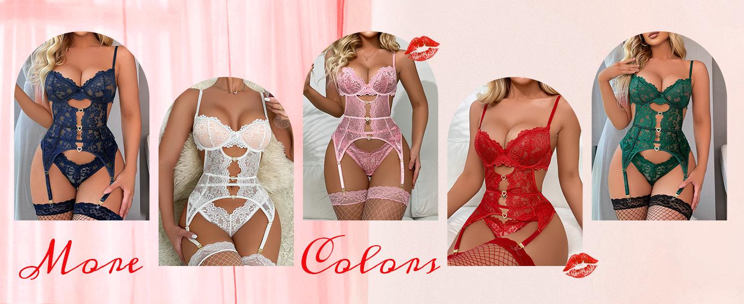 Women's Floral Lace Mesh Lingerie Set Teddy Babydoll Bodysuit with Garter Belts Wedding Honeymoon Gift Minimalist Nightgown Sleepwear