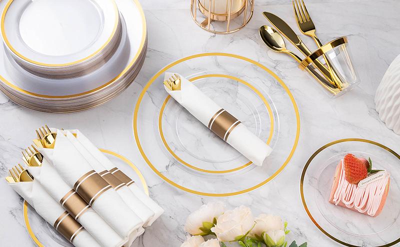 Goodluck 350PCS Gold Disposable Plates Set with Elegant Dinner Dessert Plates Napkins & Gold Cutlery Perfect for Weddings Christmas Birthday Parties & Baby Showers Safe BPA-Free Plastic Sturdy Durable Tableware for Special Events