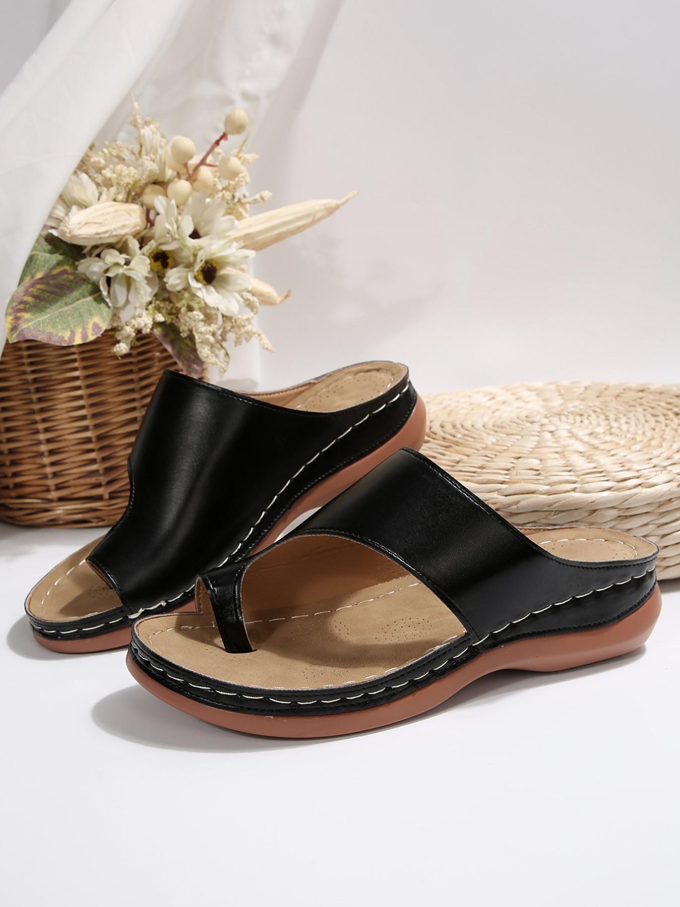 Summer Large Size Flat Toe Slip-On Sandals, Casual Breathable Lightweight Comfortable Soft Slippers for Women, PU Rubber Sole