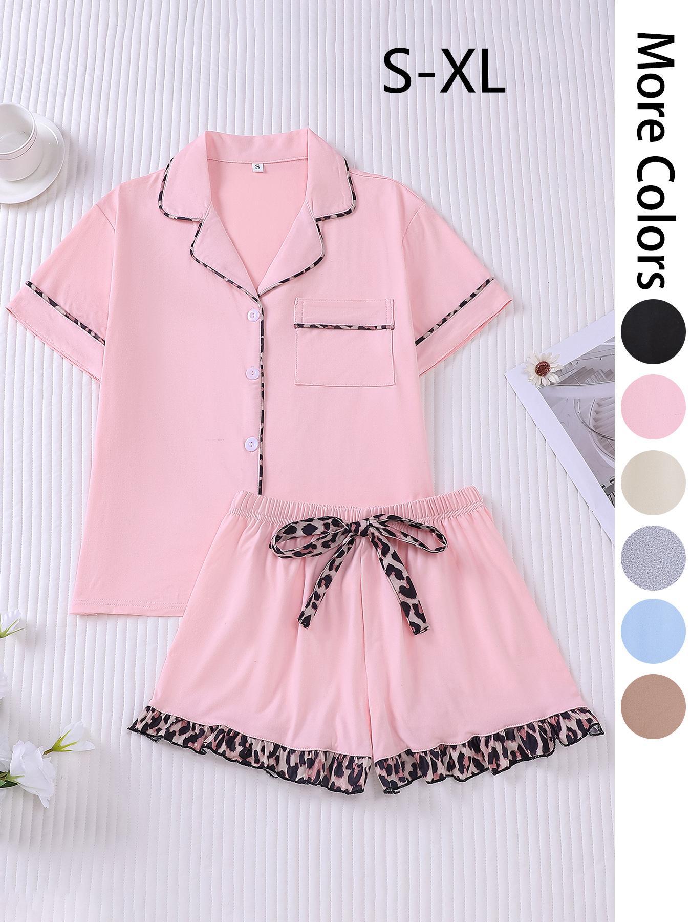 Women's Patchwork Contrast Binding Button Front Pocket Shirt & Ruffle Hem Shorts Pyjama Set, Casual Comfy Two-piece Pj Set, Ladies Summer Sleepwear, Pajama Set, Casual Lounge Sleep