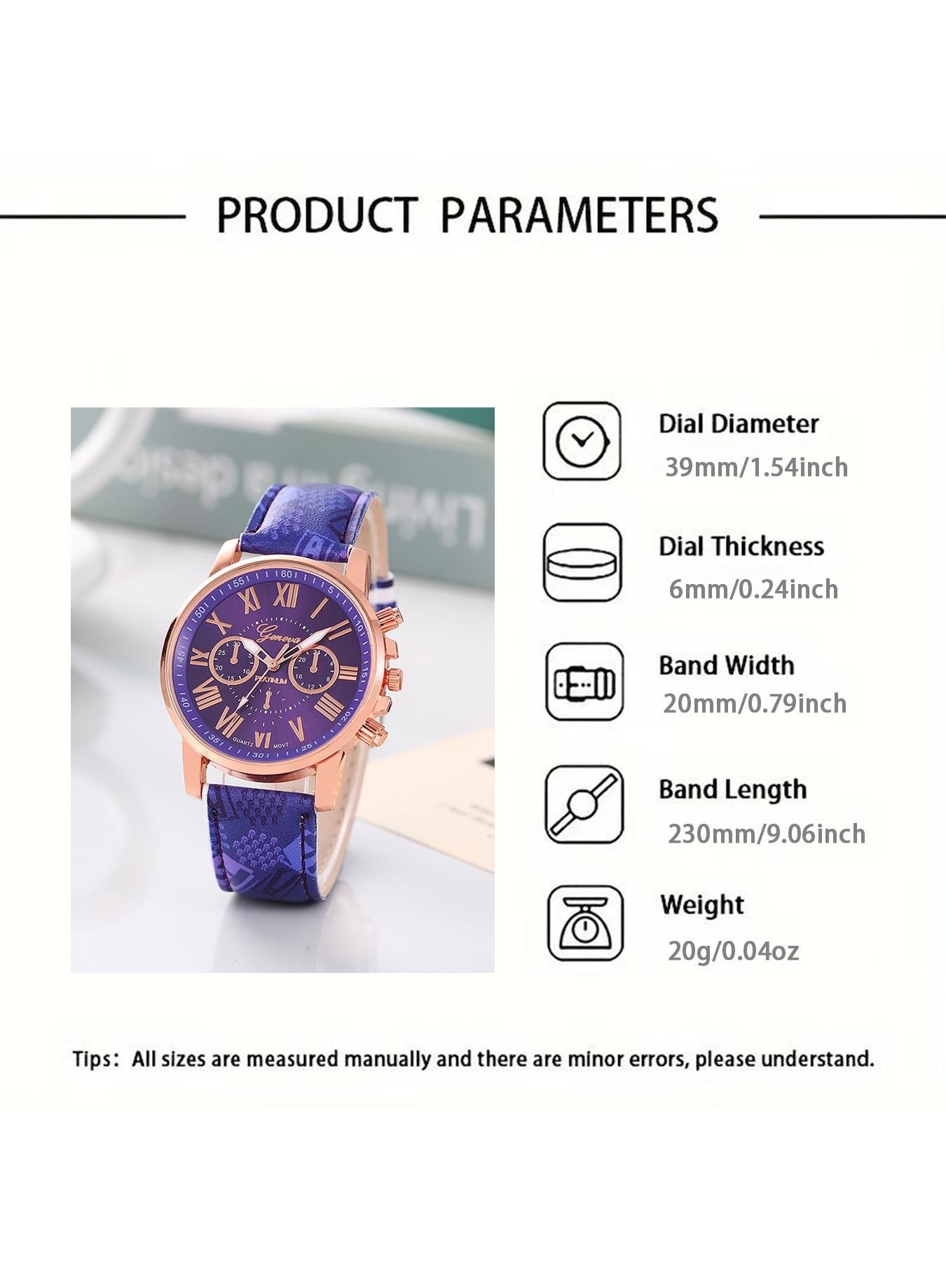 6-piece set of ladies' wristwatch leather straps, Geneva quartz watches with faux three-eye Roman numerals, fashionable ladies' watch set