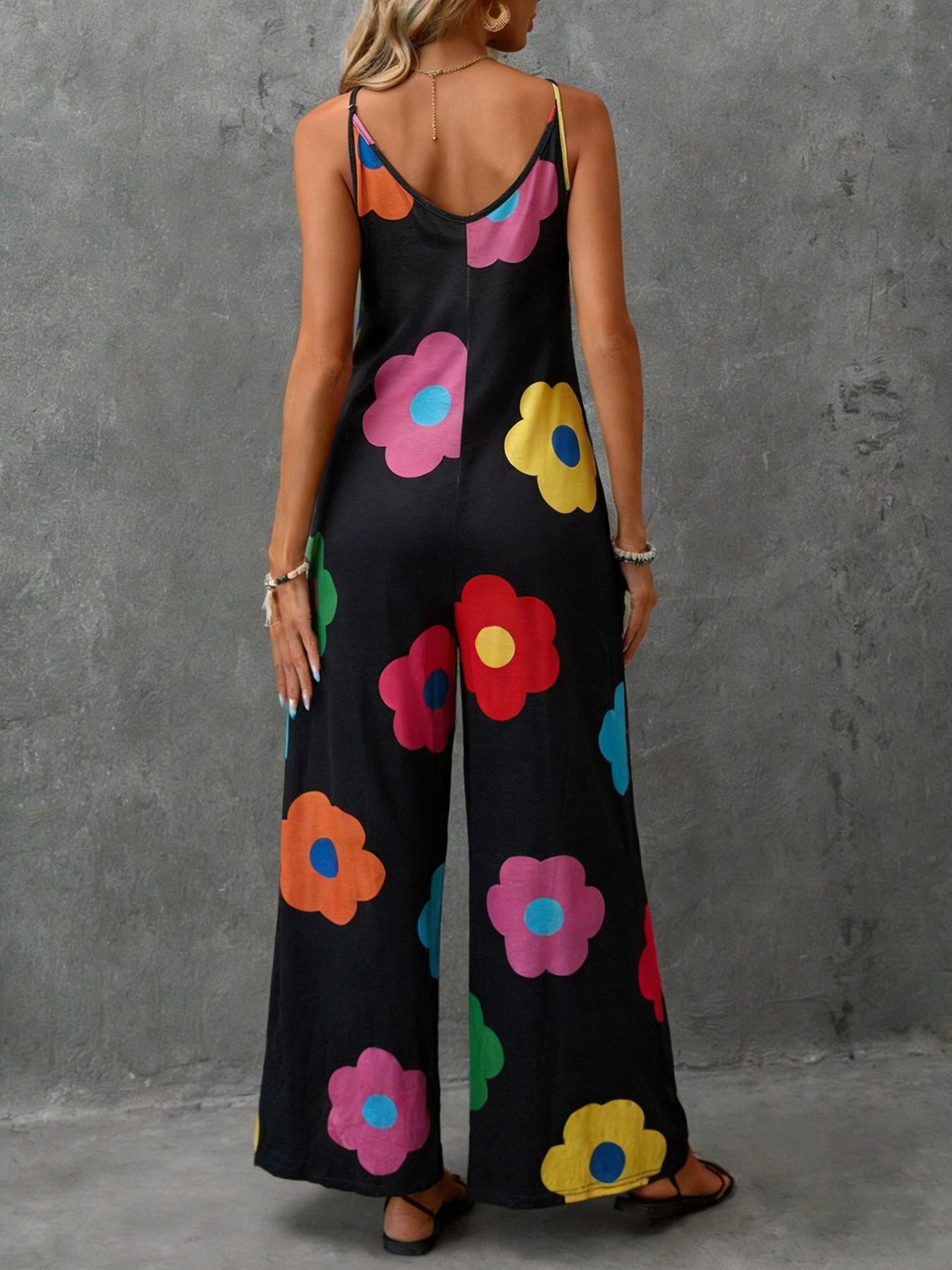 Women's Casual Large Colorful Floral Print Halter Street Fashion Jumpsuit, Side Slit Pockets, Thin Soft Fabric, Sexy Loose-Fitting One-Piece