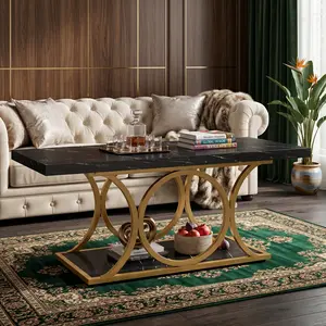 47.24 Inch Modern 2-Tier Faux Marble Coffee Table, Rectangular Wooden Center Table with Geometric Metal Legs and Storage Shelf, Multifunctional Home Furniture for Living Room Decor