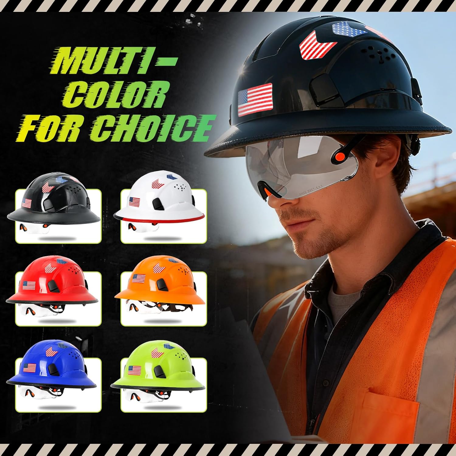 Full Brim Hard Hat with Clear Visor Cascos De Construccion Vented Hard Hat with Chin Strap Adjustable Cool Vent Work Helmet for Men Women