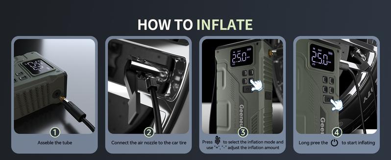 Geeneu 16800mAh Portable Car Jump Starter with 8000A Peak Current 150 PSI Turbocharged Inflation LED Light & LCD Display for Vehicle Safety & Emergency Starts Electronic Tool Cable Usb