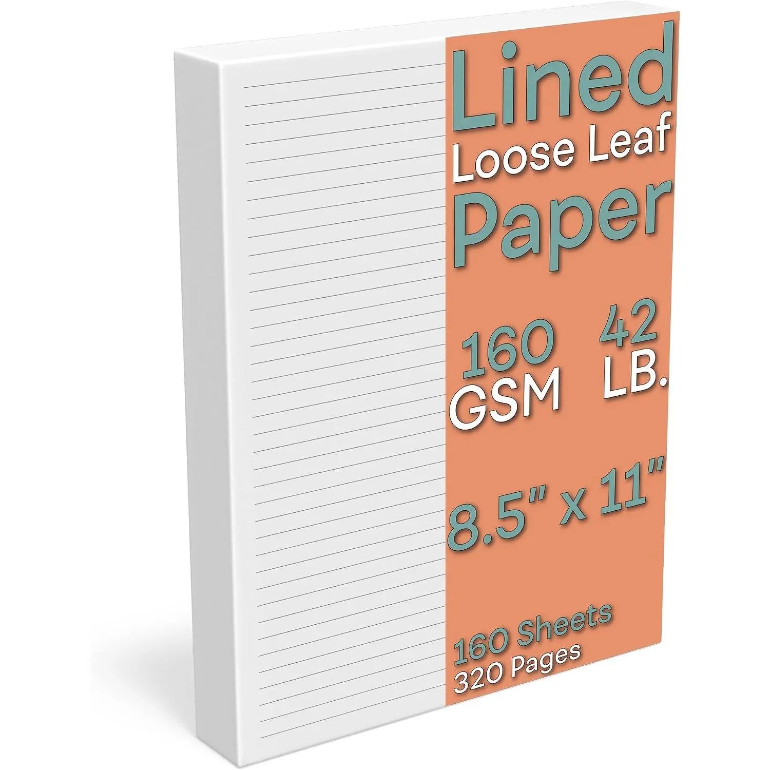 Lined Loose Leaf Paper, 160 GSM Thickness, 160 Sheets/320 Pages, Letter Size (8.5 x 11 inch), 7 mm College-Ruled Spacing, Note-Taking, Calligraphy, Binder Filling, Journaling, White, Unpunched Refill