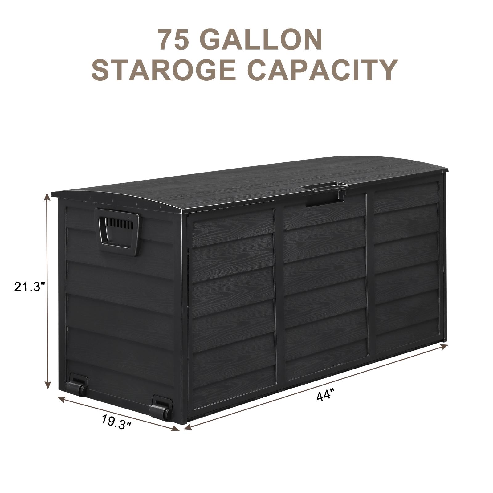 75 Gallon Outdoor Storage Box, Weatherproof Wood-Look Deck Box with Wheels, Lockable Black Garden Chest for Patio Cushions & Tools