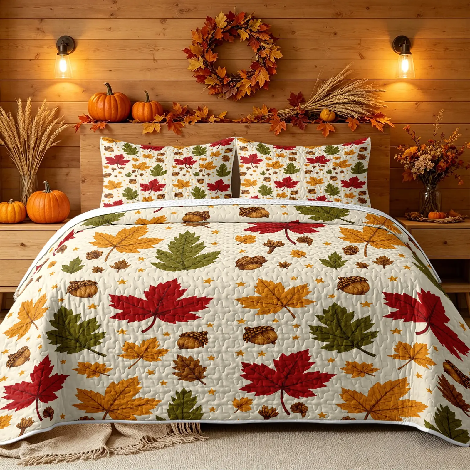 3-Piece Autumn Maple Leaf Quilt Set, Retro Autumn Country-Style Bedspread, Machine-Washable Bedspread Set, Bedding, Includes Pillowcases, No Filling, Suitable for All Seasons