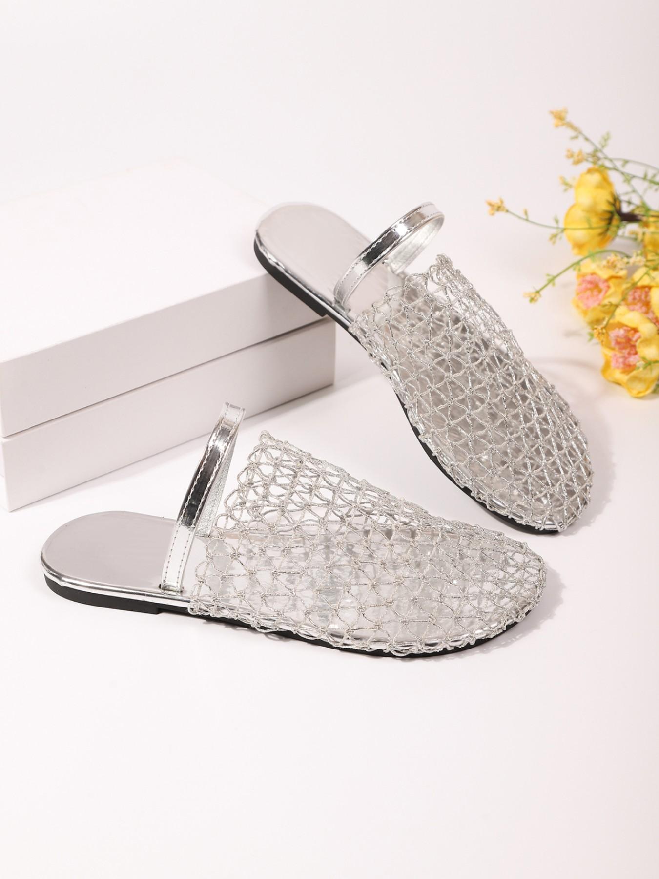 Women's YYW1 Fishnet Weave Hollow-Out Round Toe Flat Slip-On Casual Shoes, Large Sizes, Comfortable Walks for Daily Wear