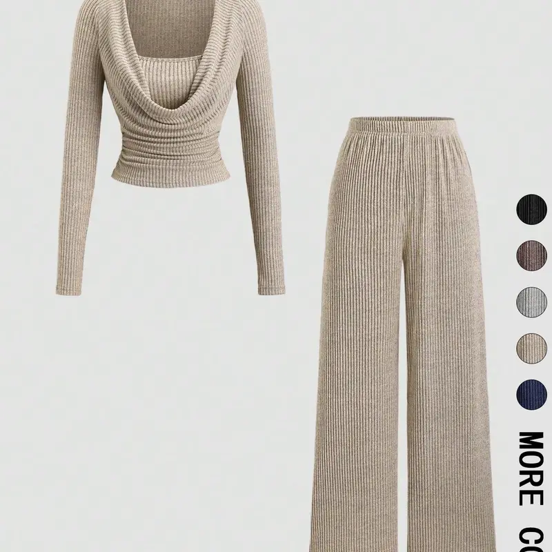 2 PieceViral Co Ord Set Casual Long Sleeve Cowl Collar Faux Layer Short Top & Full Elastic Waist Straight Wide Leg Trousers Matching Outfit