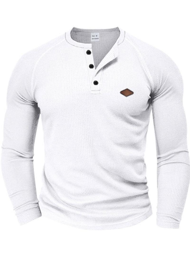 Men's Regular Fit Embroidery Half Placket Button Thumb Hole Design Henley Neck T-shirt, Casual Long Sleeve Tee for Spring & Fall, Fashion Men's Top for Daily Wear