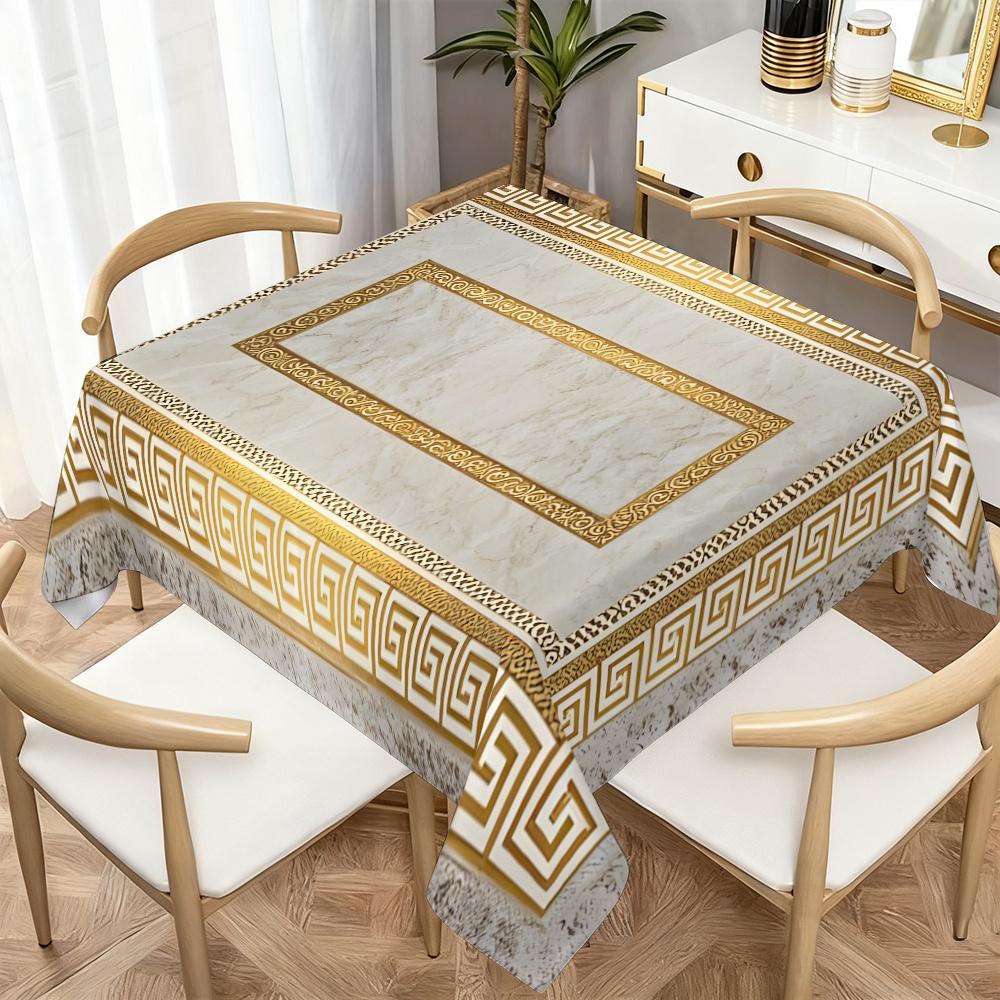 1PC square tablecloth, light luxury and minimalist geometric border pattern, paired with beige and gold, suitable for decoration in homes, restaurants, outdoor picnics and other occasions - Asian style dining table decoration, exquisite pattern design
