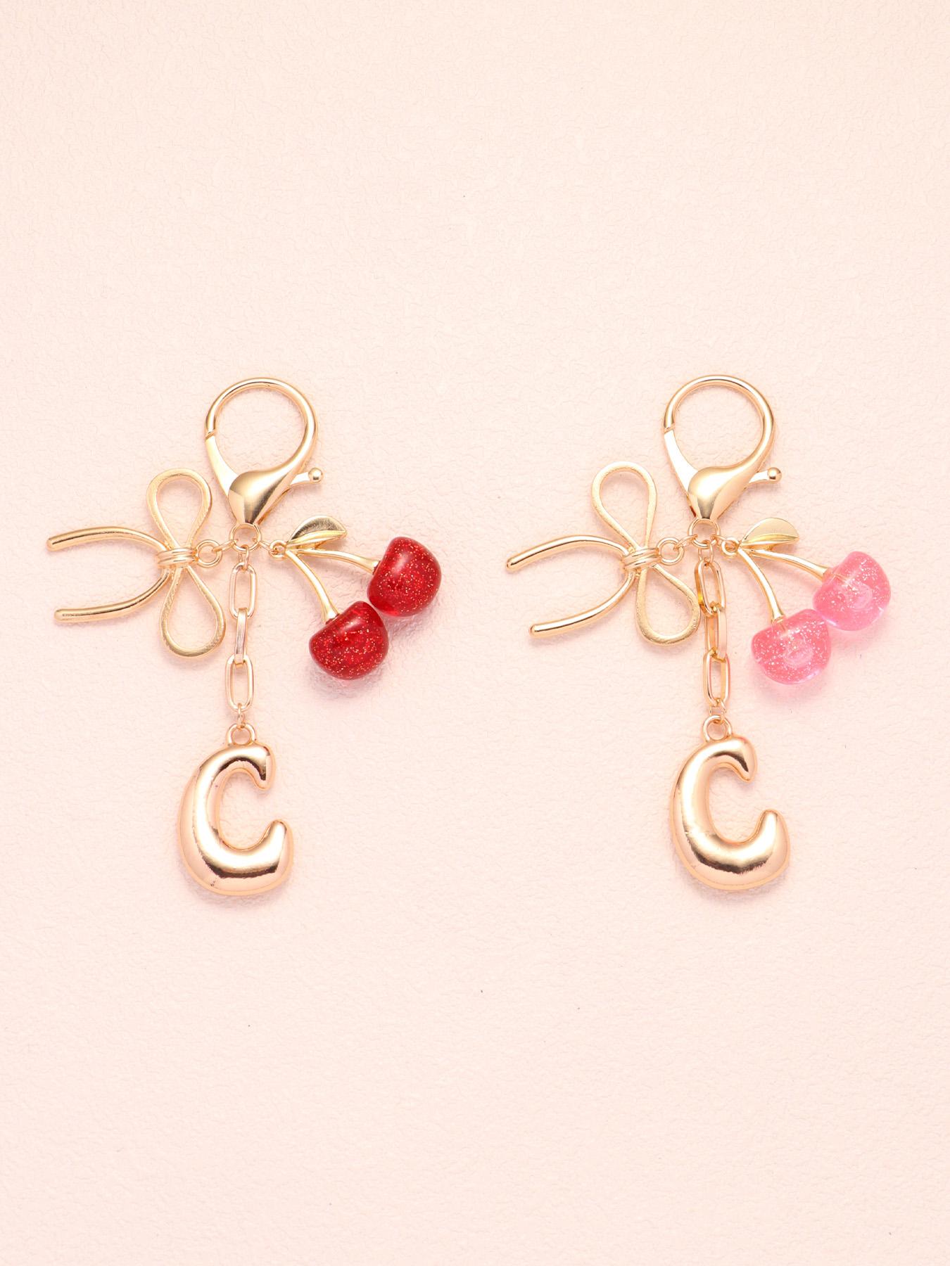 2pc Bubble Letter A-Z Keychains, Cute Initial Pendants, Metal Butterfly & Acrylic Cherry Decor, Personalized Bag Charms