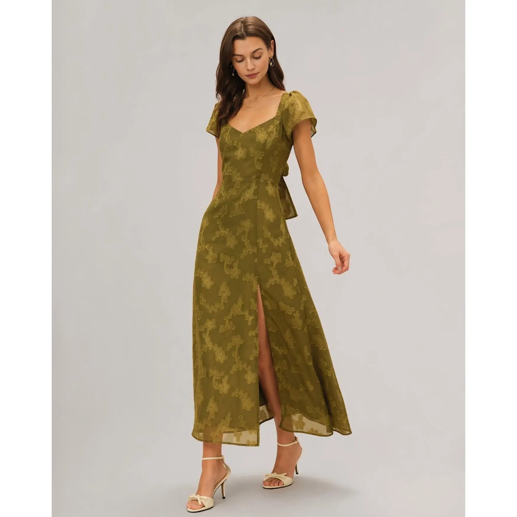 Green Sweetheart Neck Jacquard Maxi Dress