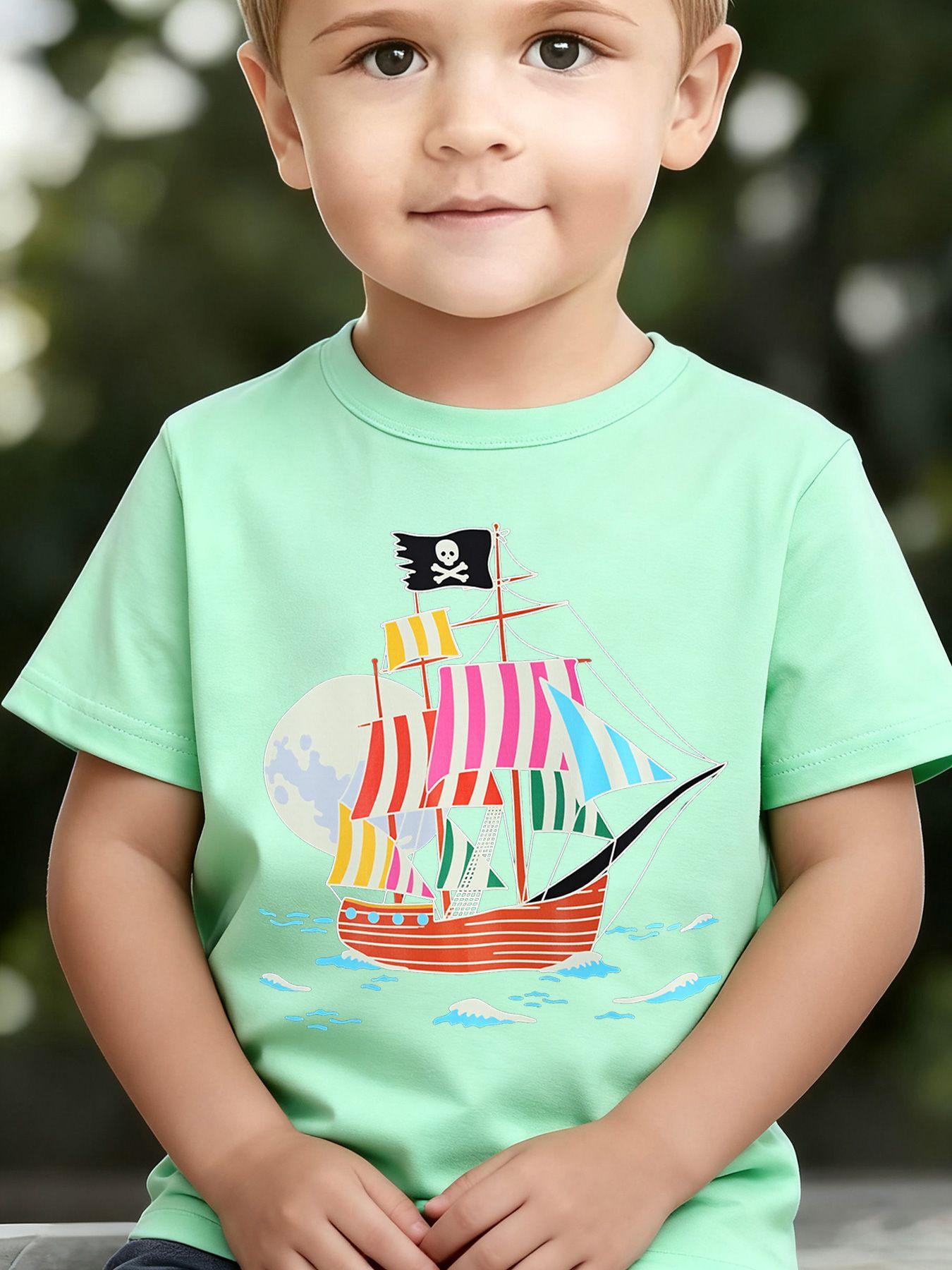Boys' Summer Breathable & Comfortable "Sailboat" Cartoon Print (3-12Y) Casual Sports T-Shirt