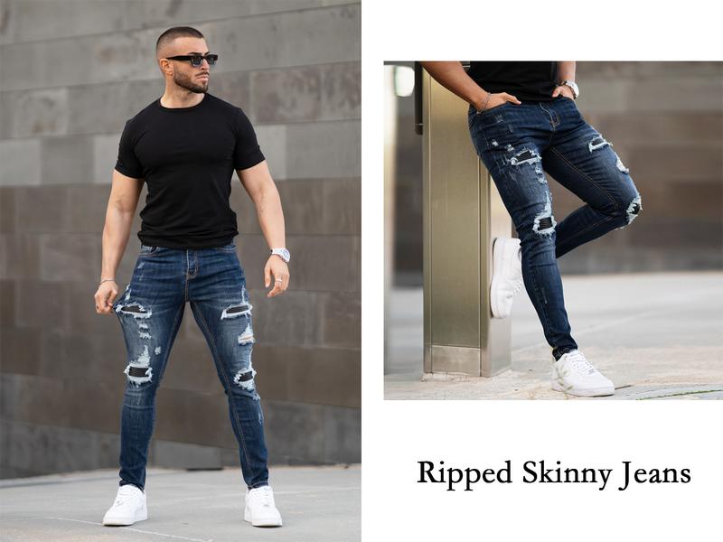 GINGTTO Men's Ripped Skinny Jeans Slim Fit Distressed Denim Pants Fashion Comfort Tapered Leg