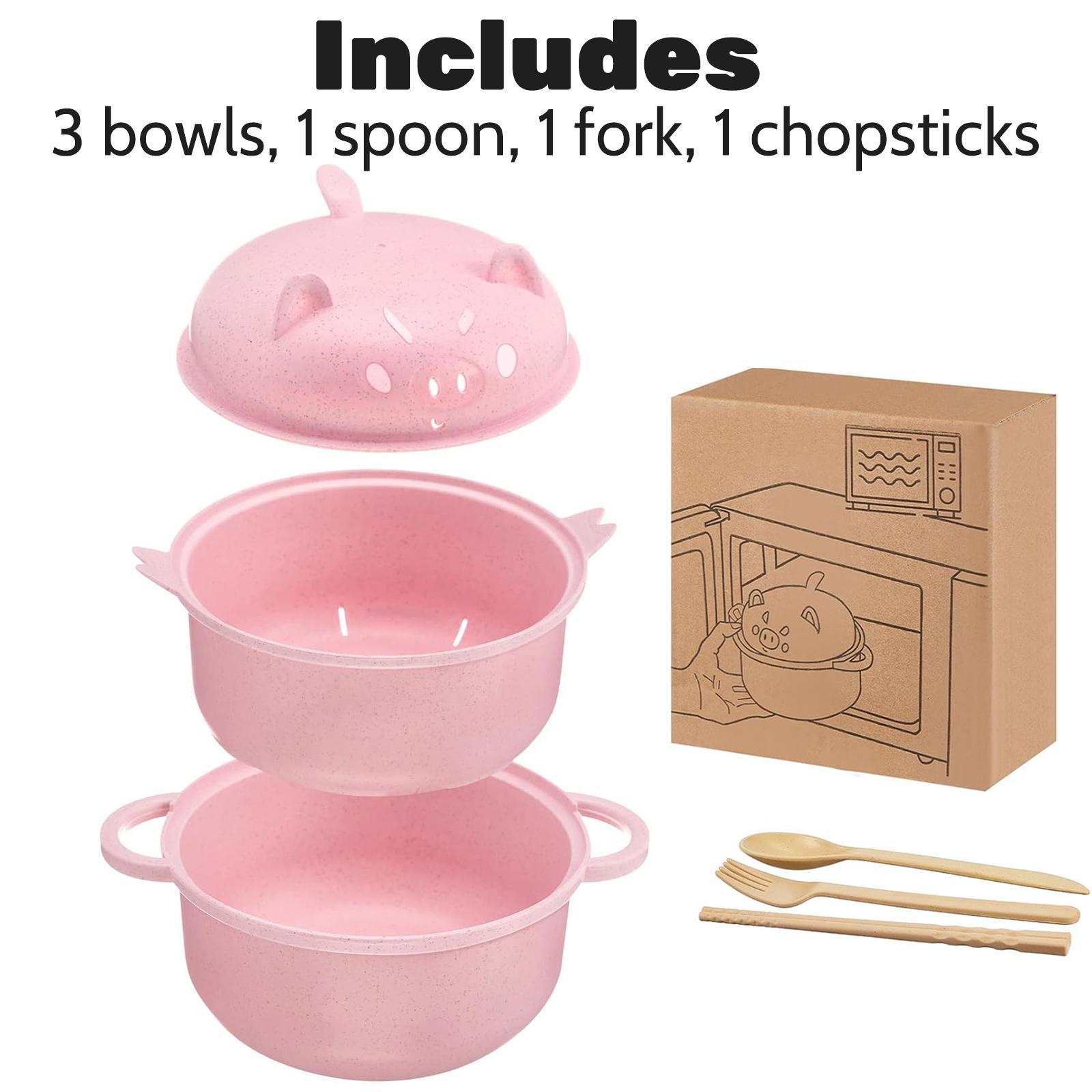 Nifogo Stylish Wheat Straw Cartoon Pig Ramen Noodle Bowl Set - 43oz(1300ml) Microwave-Safe Ramen Cooker with Strainer Lid, Handle, Spoon, Fork, Chopsticks, Stackable Bowls - Camp Kitchen Ware for Home,Camping Use