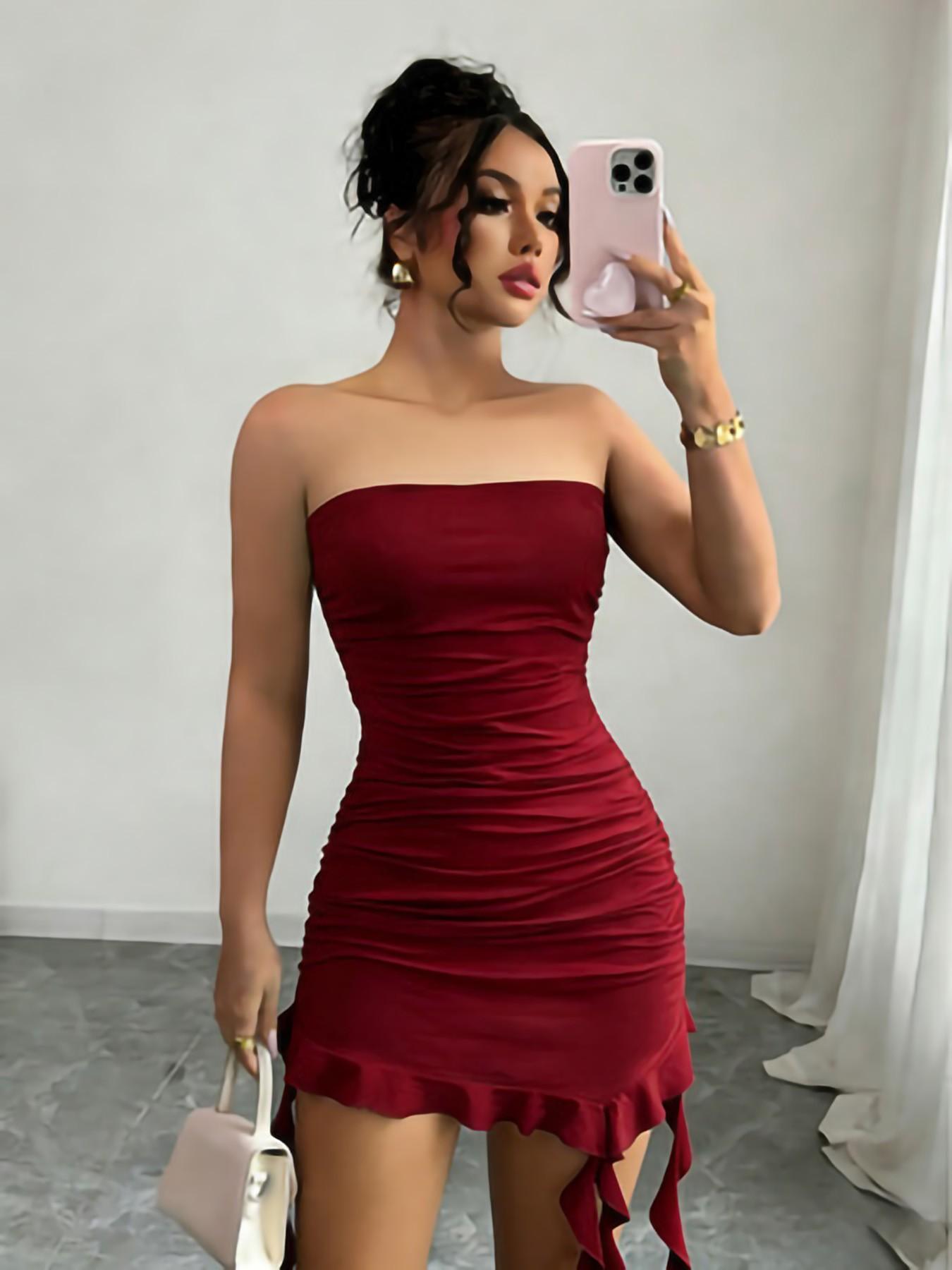 Elegant French Style Burgundy Sleeveless Dress, Asymmetrical Hem, Slim-Fitting, Perfect for Parties, Beach, Music Festivals, Summer