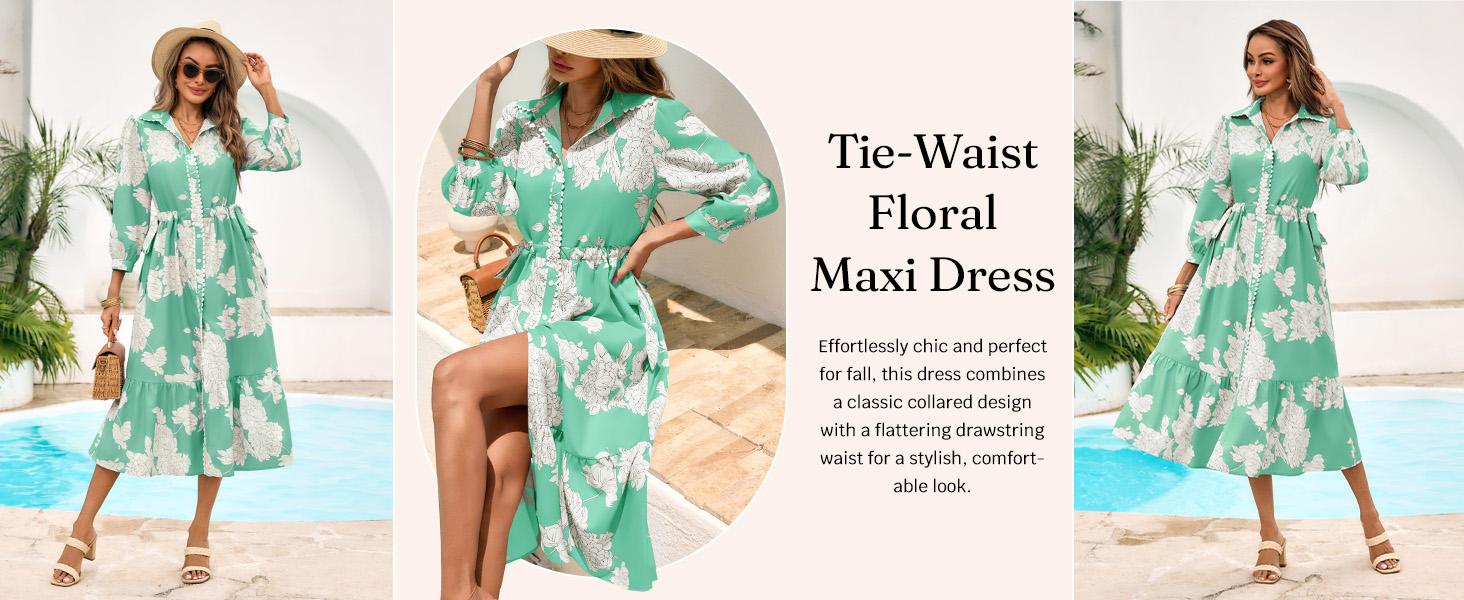 Wenrine Women’s Maxi Shirt Dress Casual Floral Collared 3/4 Long Sleeve Drawstring Waist Fall Button Down Dresses