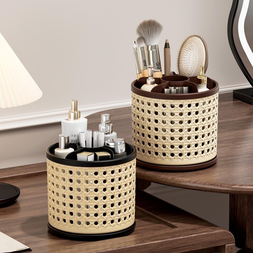Vintage Woven Makeup Organizer, Large Capacity Rotating Desk Pen Holder, Detachable Easy Clean Compartment Brush Storage Box