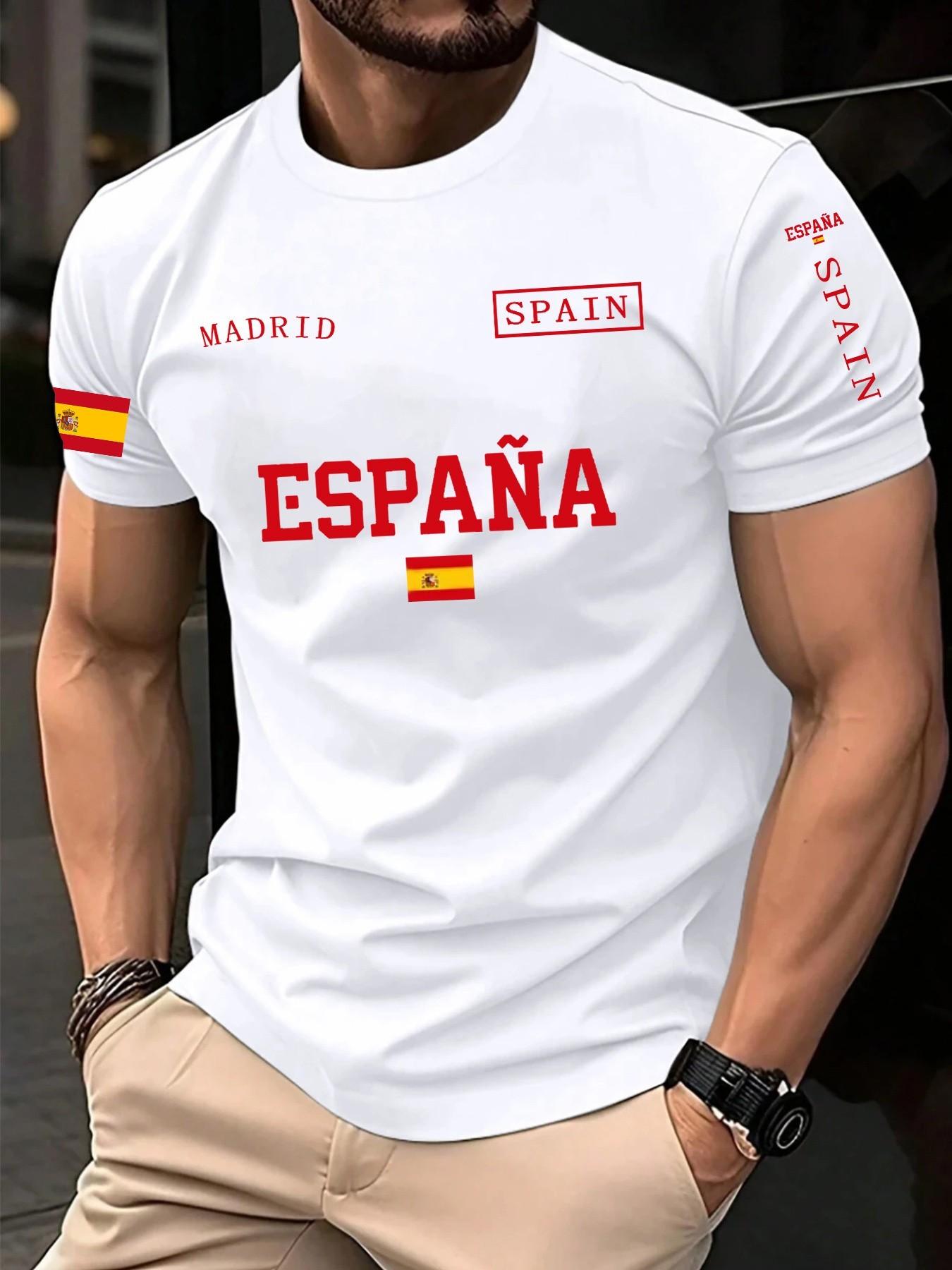 Men's Spanish Style Letter Print Short Sleeve T-Shirt, Summer New Arrival, Breathable Quick-Dry Casual Top, Streetwear Fashion