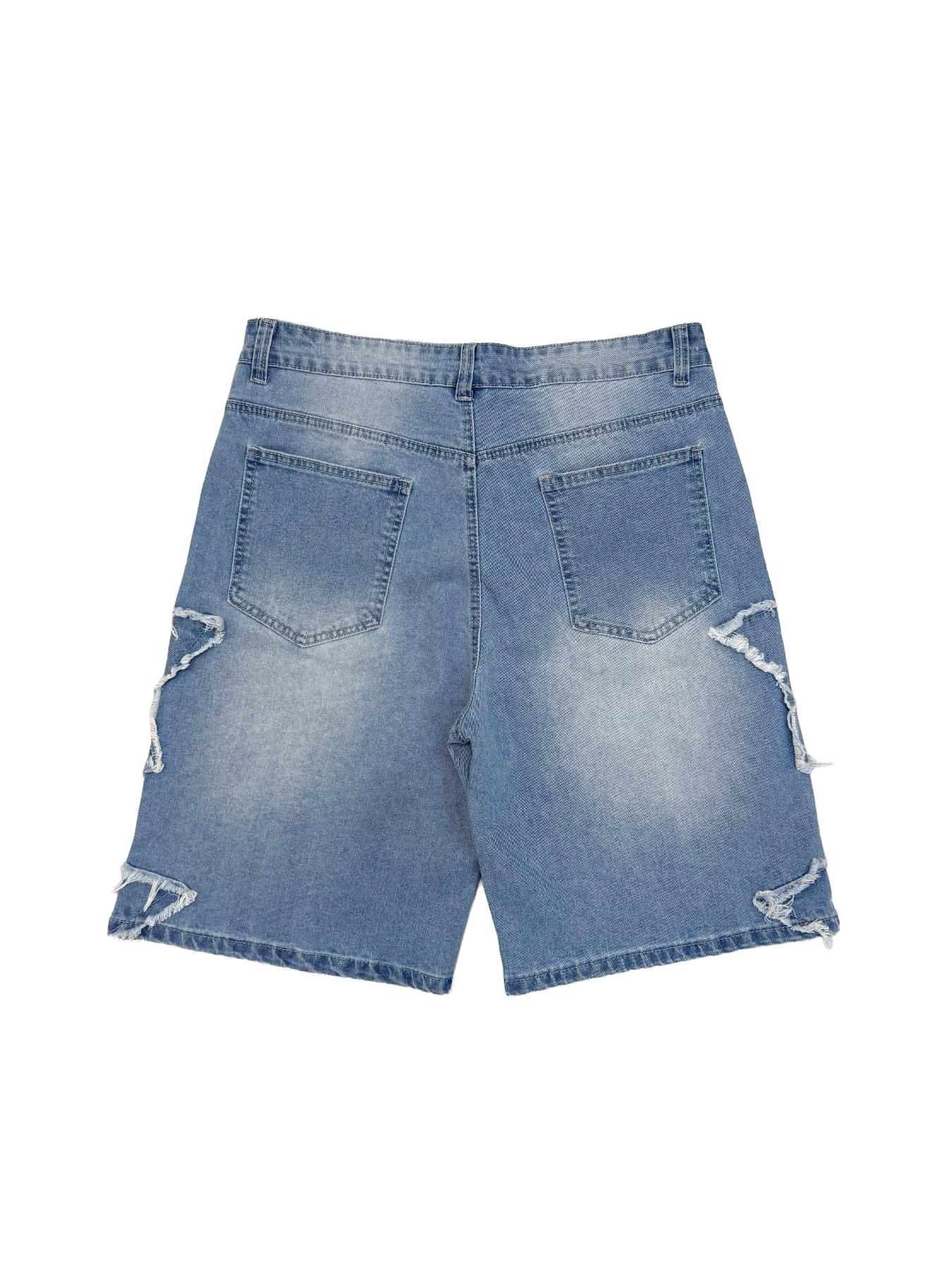 Light Blue American Vintage Washed Denim Five-Pocket Shorts for Men, Summer Loose Fit Slimming Wide Leg Pants, Trendy Star Print Shorties, Summer Casual Shorts