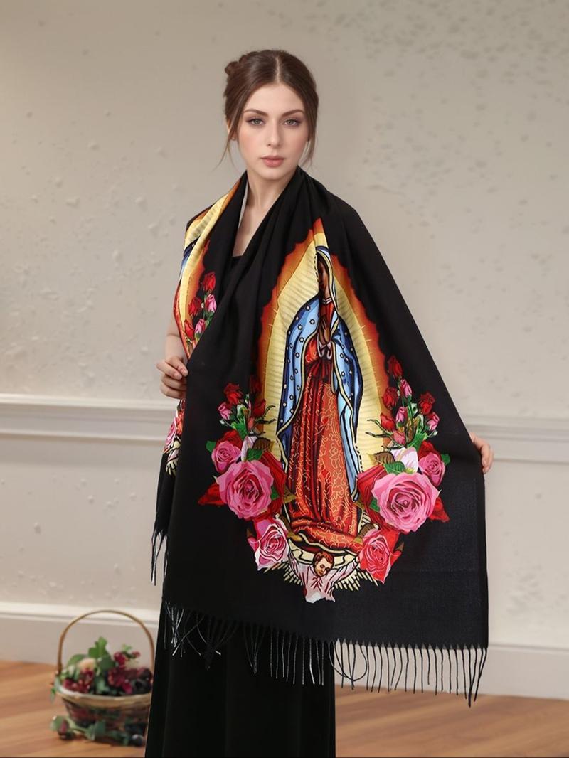 Elegant Printed Polyester Scarf with Tassel Fringe, Shawl Wrap for Women, Windproof & Warm, Perfect for Parties & Gifts, Tassel Decor Shawl