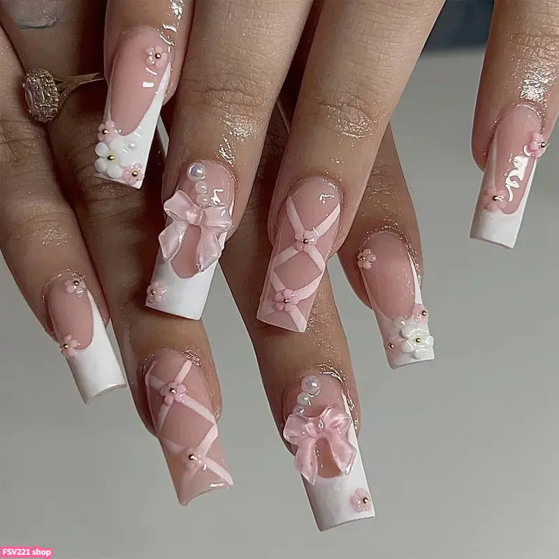 24Pcs Wholesale Medium-Long Pink Bow & Floral Press-On Nails, Cute Coquette Almond Fake Nails with 3D Flower & Bow Accents, Glossy Reusable Nail Art Kit for Women, Perfect for Daily & Party