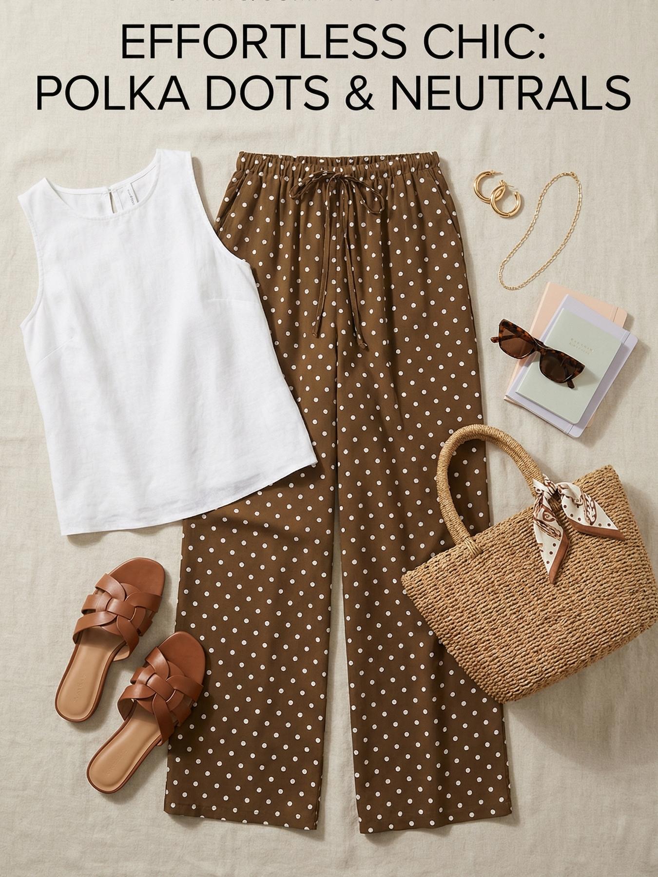 Women's Satin Polka Dot Wide Leg Pants, Casual Lounge Pants, Casual Loose Fit Drawstring Waist, Beach Travel Vacation Straight Leg Pockets, Casual Bohemian Trousers