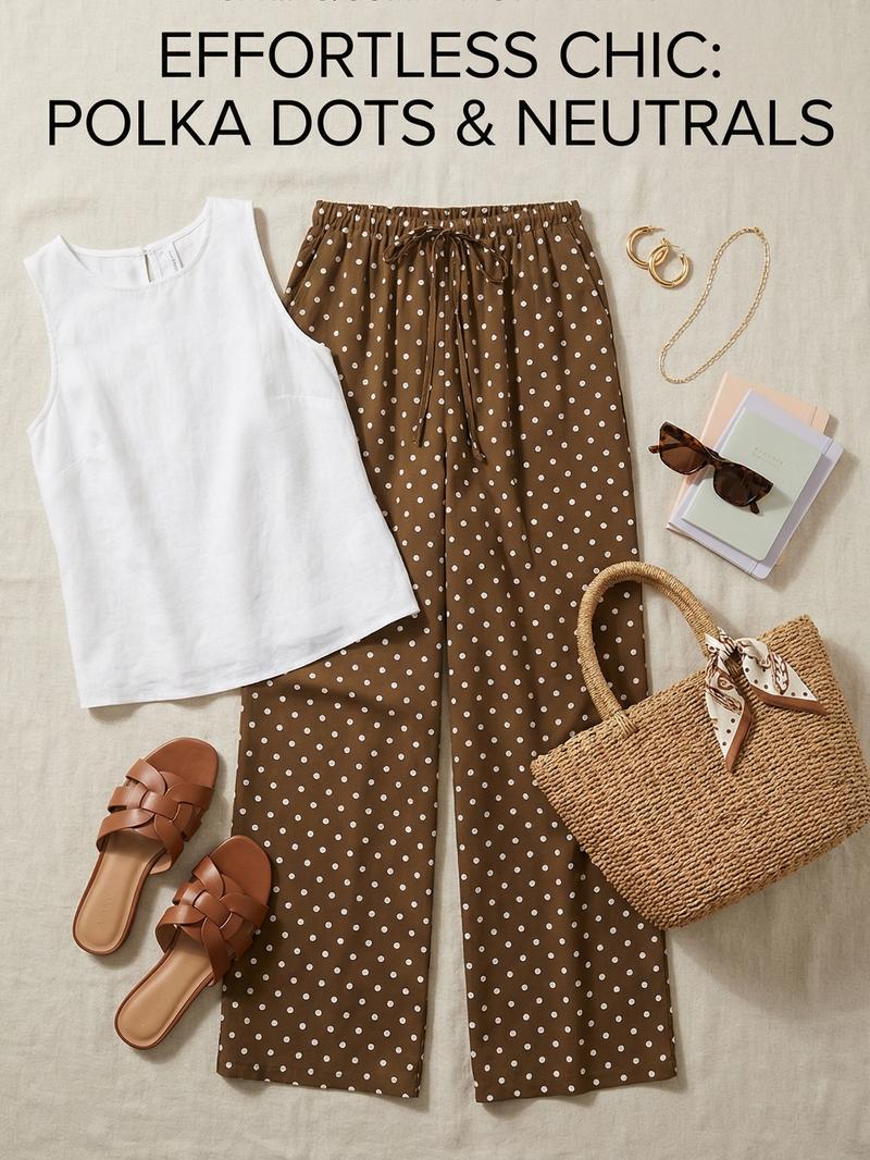 Women's Satin Polka Dot Wide Leg Pants, Casual Lounge Pants, Casual Loose Fit Drawstring Waist, Beach Travel Vacation Straight Leg Pockets