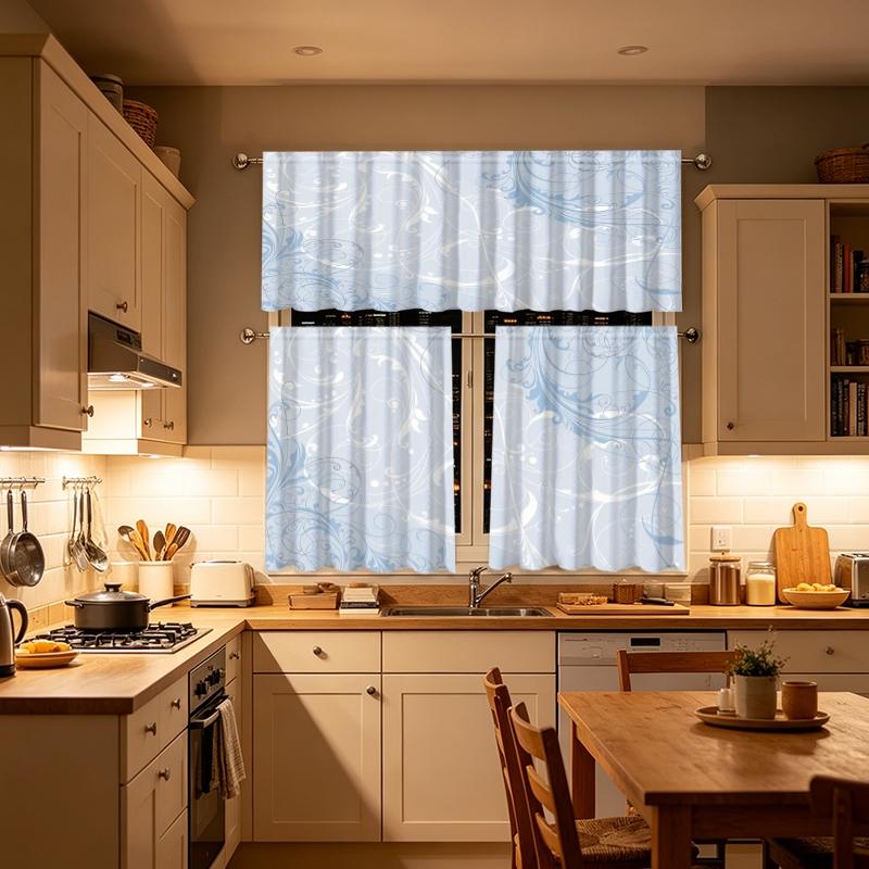 3pcs Blue Floral Pattern Elegant Curtains, Kitchen Living Room Decor Valance Set, Cafe Restaurant Home Drapes, Multi-Scene Use, Gift for Family Friends