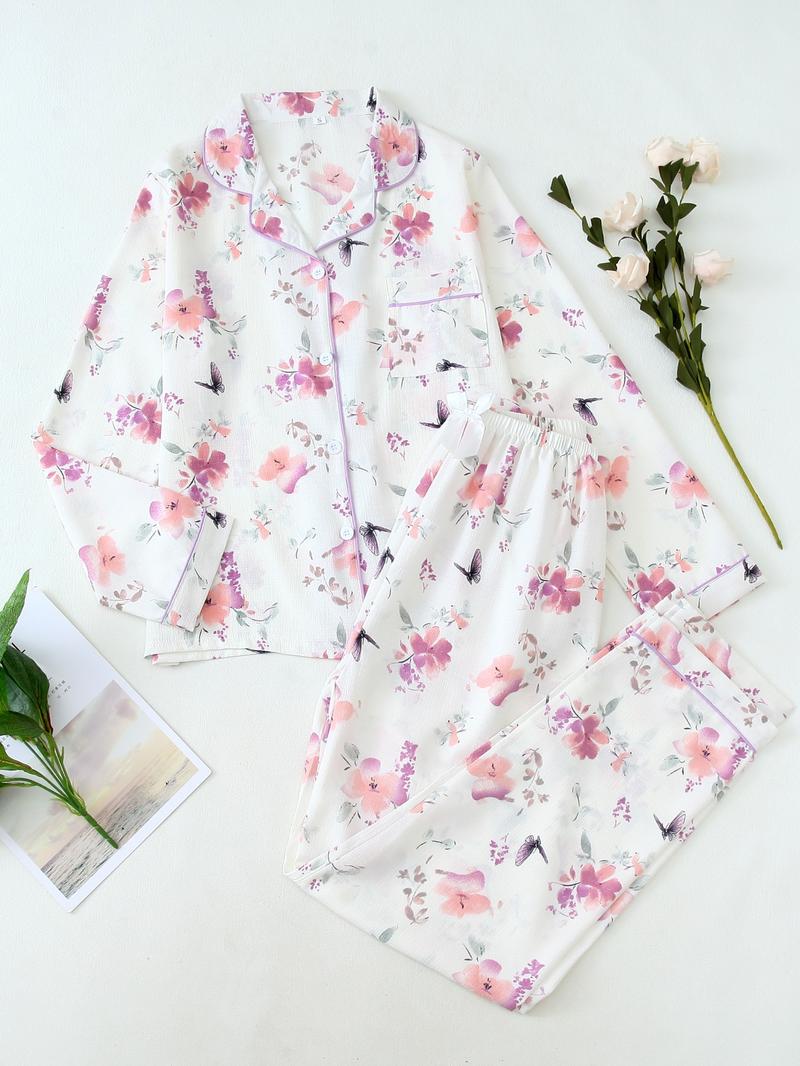 Women's Button Front Blouse & Bow Front Contrast Binding Pants Pyjama Set, Casual Long Sleeve Lapel Top & Trousers, Summer Outfits 2024, Sleepwear for Spring & Fall, National Day Offers Women's Button Front Blouse & Bow Front Contrast Binding Pants Pyjama Set, Casual Long Sleeve Lapel Top & Trousers, Summer Outfits 2024, Sleepwear for Spring & Fall, National Day Offers