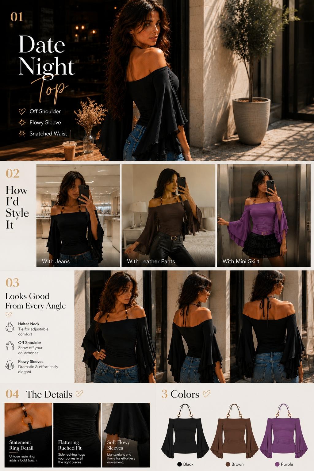 Women's Y2K Style Halter Top with Ring Decoration, Flowy Bell Sleeve, Casual Elegant Classy Retro Slim-Fitting T-Shirt for Dates and Parties